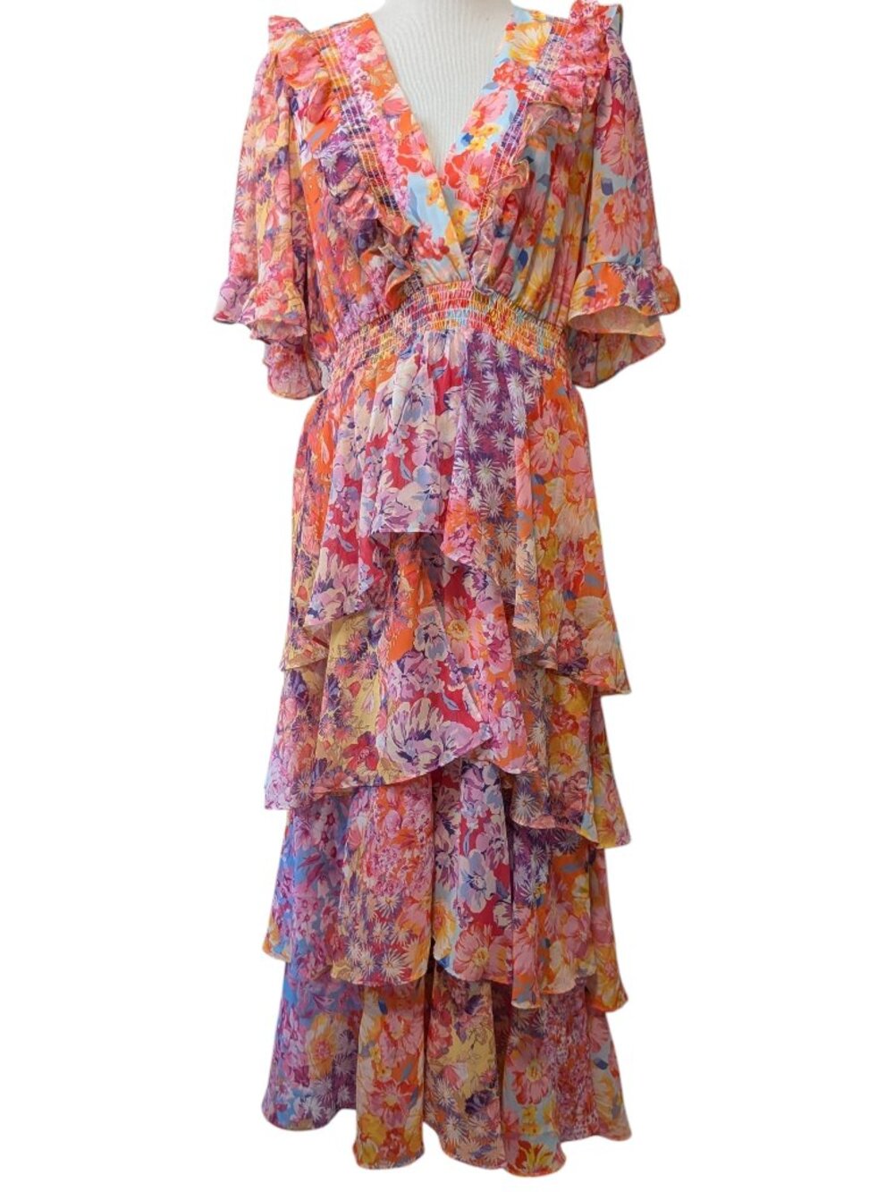 Hale Bob Womens Sz XL Peyton Coral Floral Tiered Ruffles Smock Waist Maxi Dress